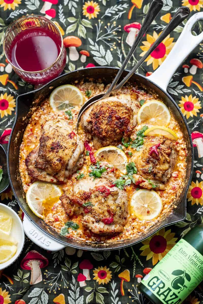 Hero image of chicken thighs with basil, lemon and feta sauce. 