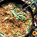 Overhead image of green bean casserole in a skillet.