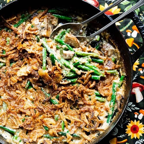 Overhead image of green bean casserole in a skillet.
