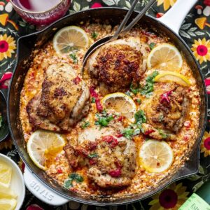 Baked feta chicken thighs in a staub pan.