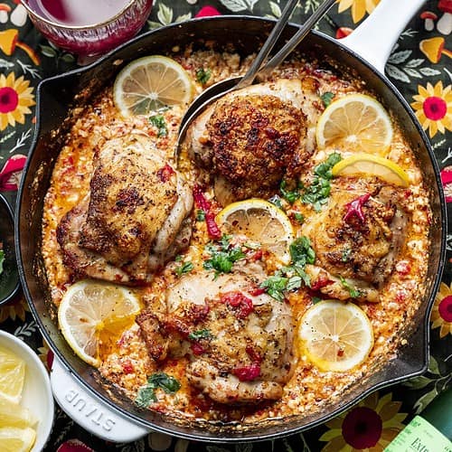 Baked feta chicken thighs in a staub pan.