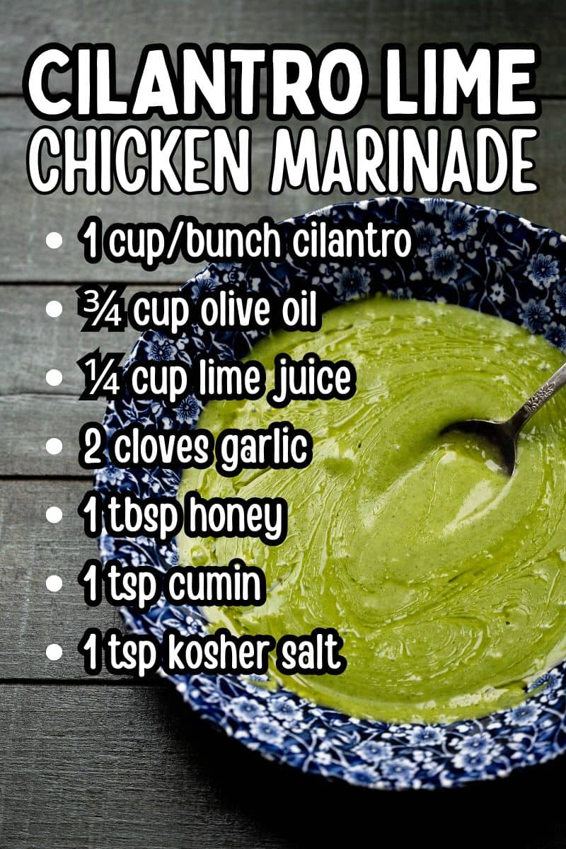 Infographic recipe for cilantro lime chicken marinade. 