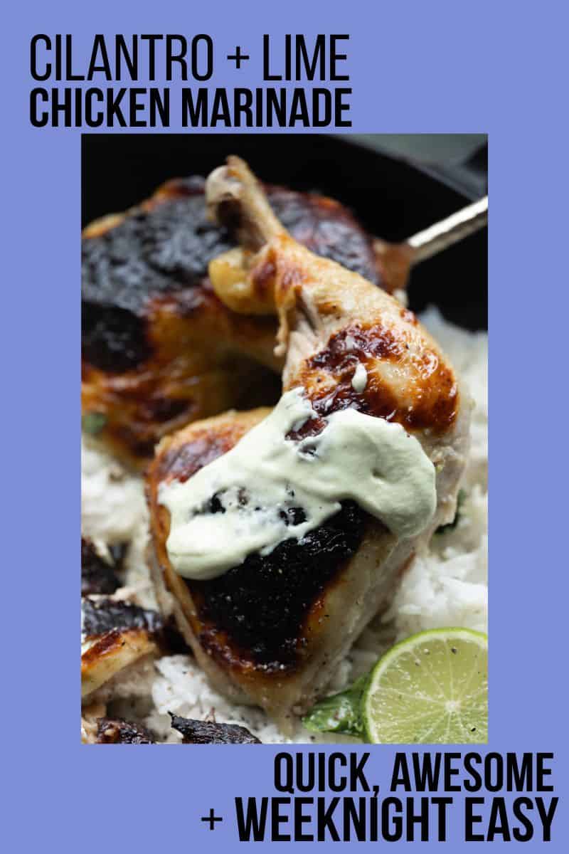 Image of chicken on a purple background with a lime garnish. 