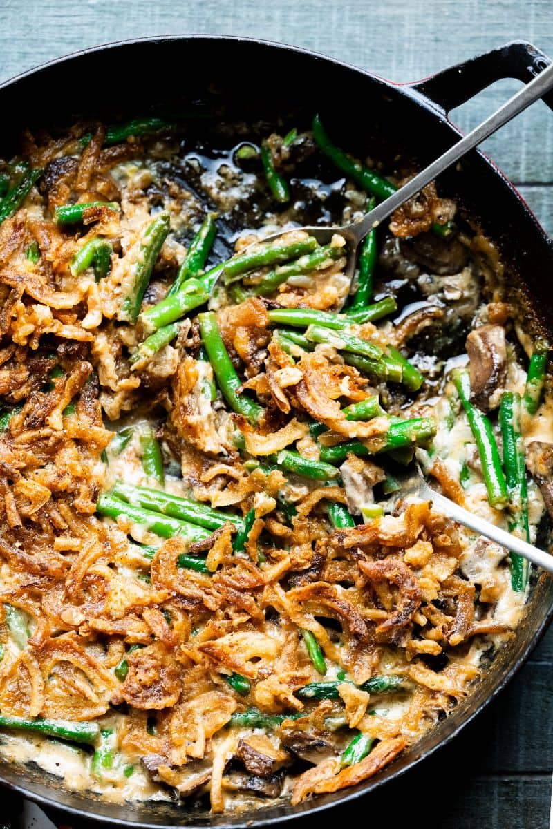 Fresh Green Bean Casserole in a cast iron skillet. 