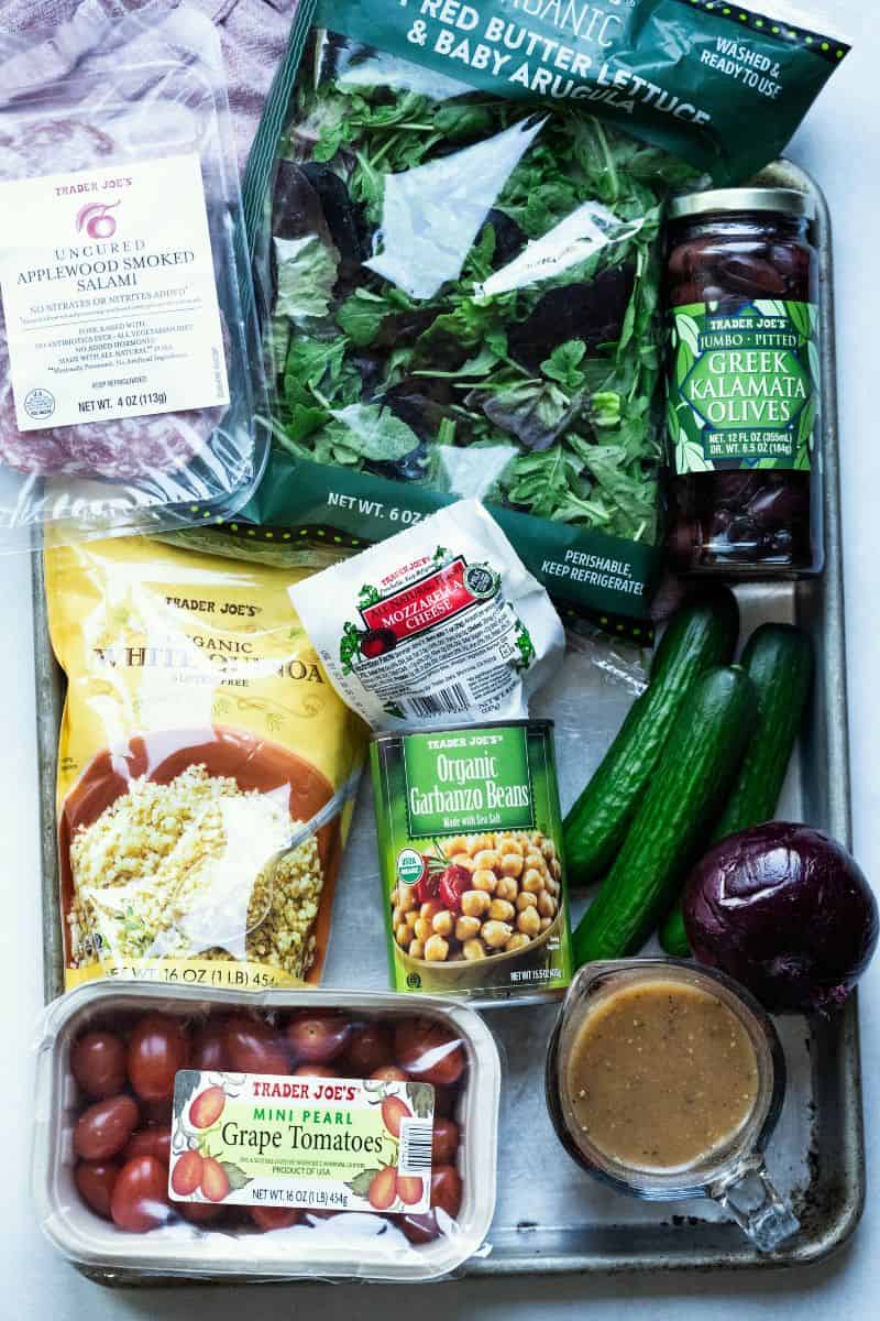 Image of ingredients needed to make a mason jar salad. 