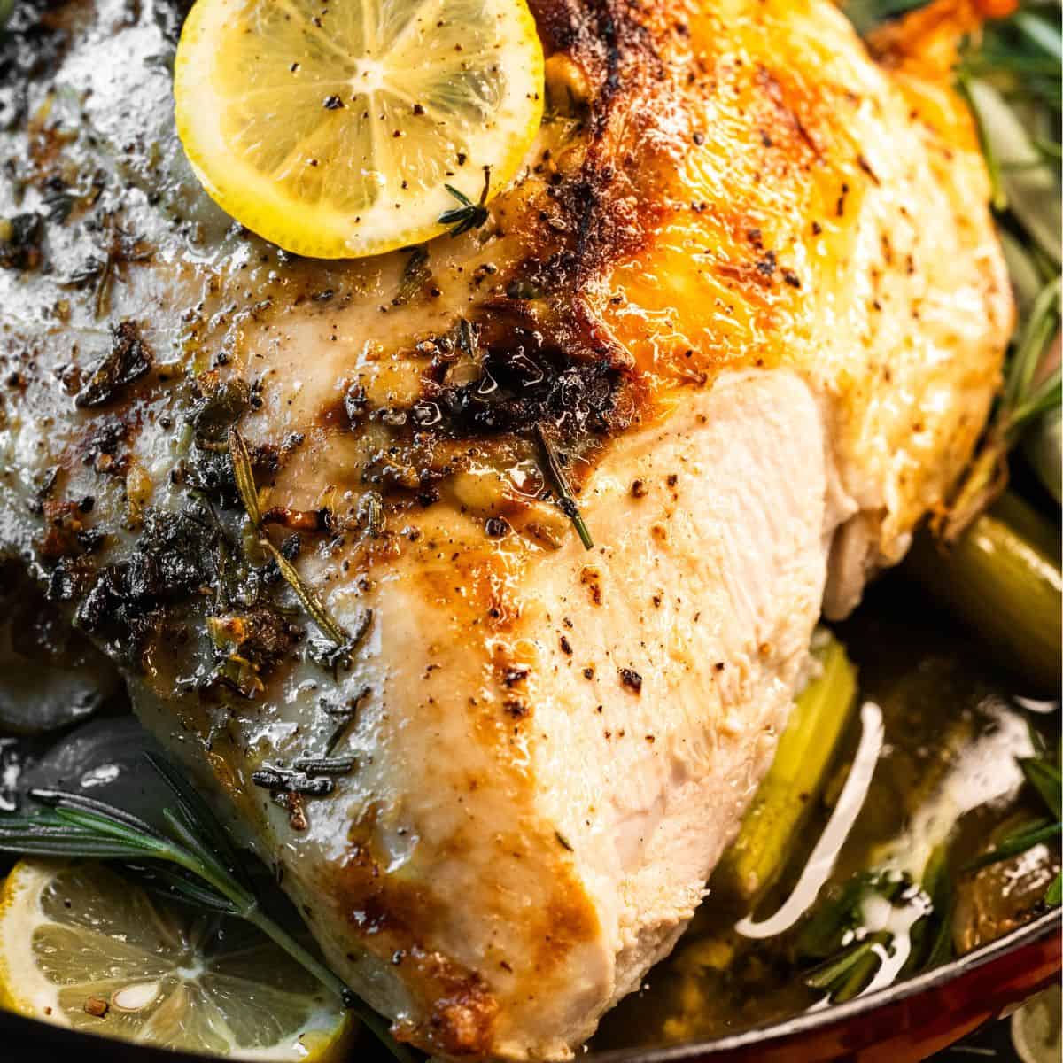 Dutch oven roasted turkey breast with a simple herb butter hero image.