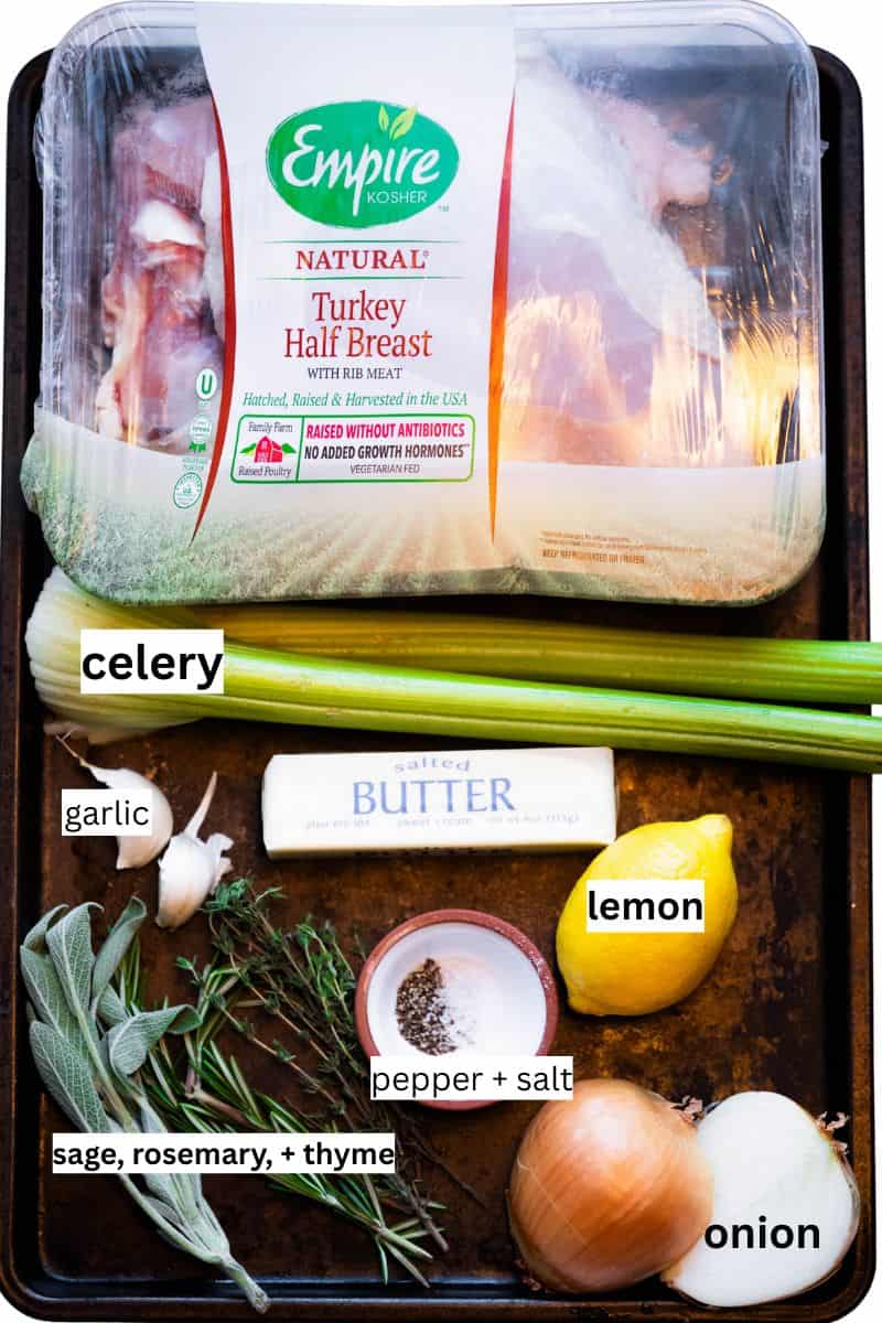 Ingredients with labels on a sheet pan.