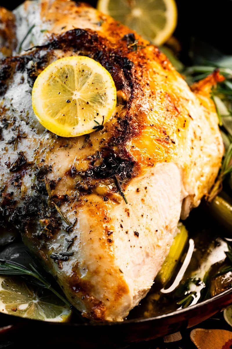 Roast Turkey Breast with lemon in a dutch oven.