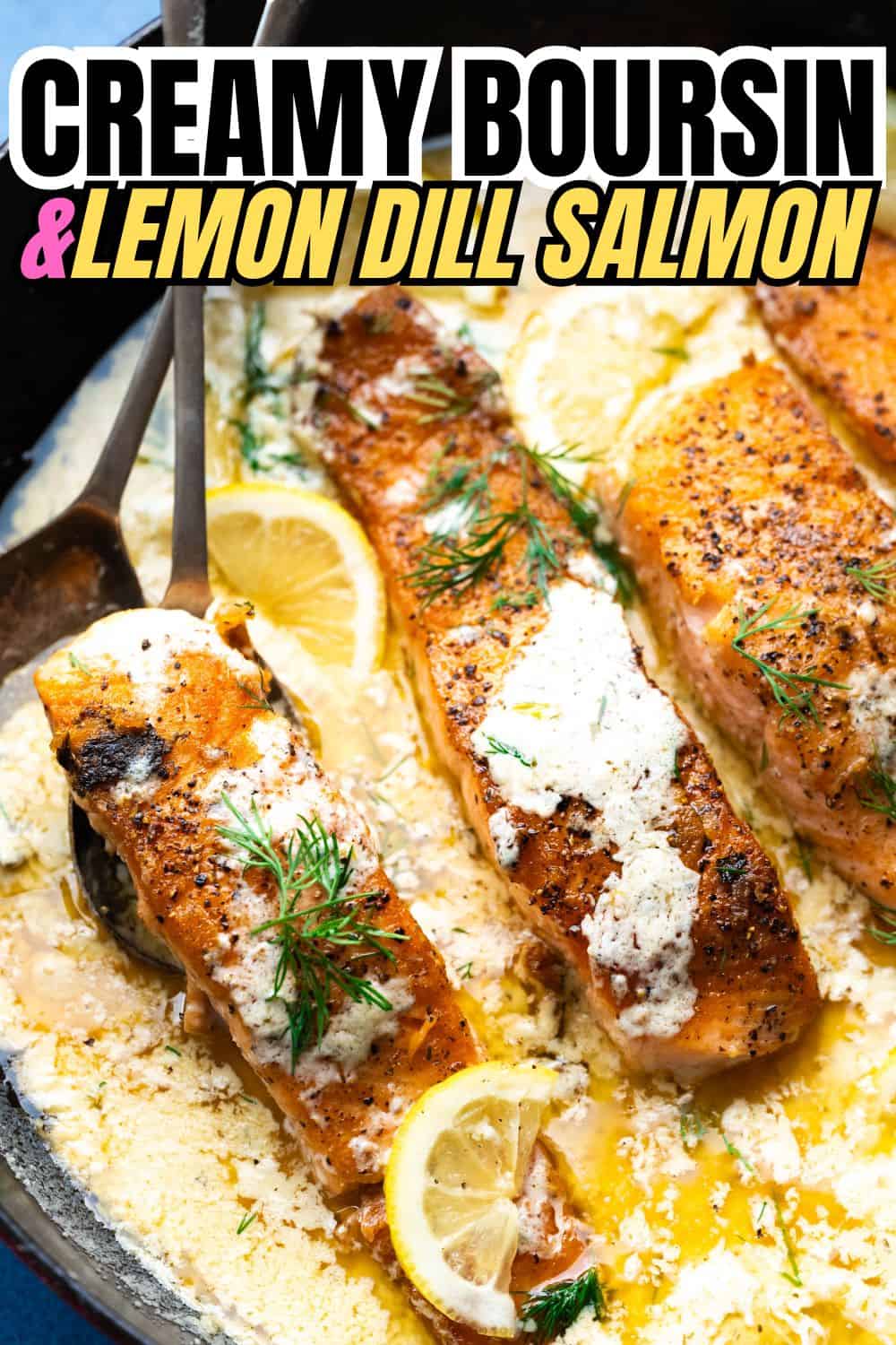 Creamy lemon dill salmon in a pin with text overlay. 