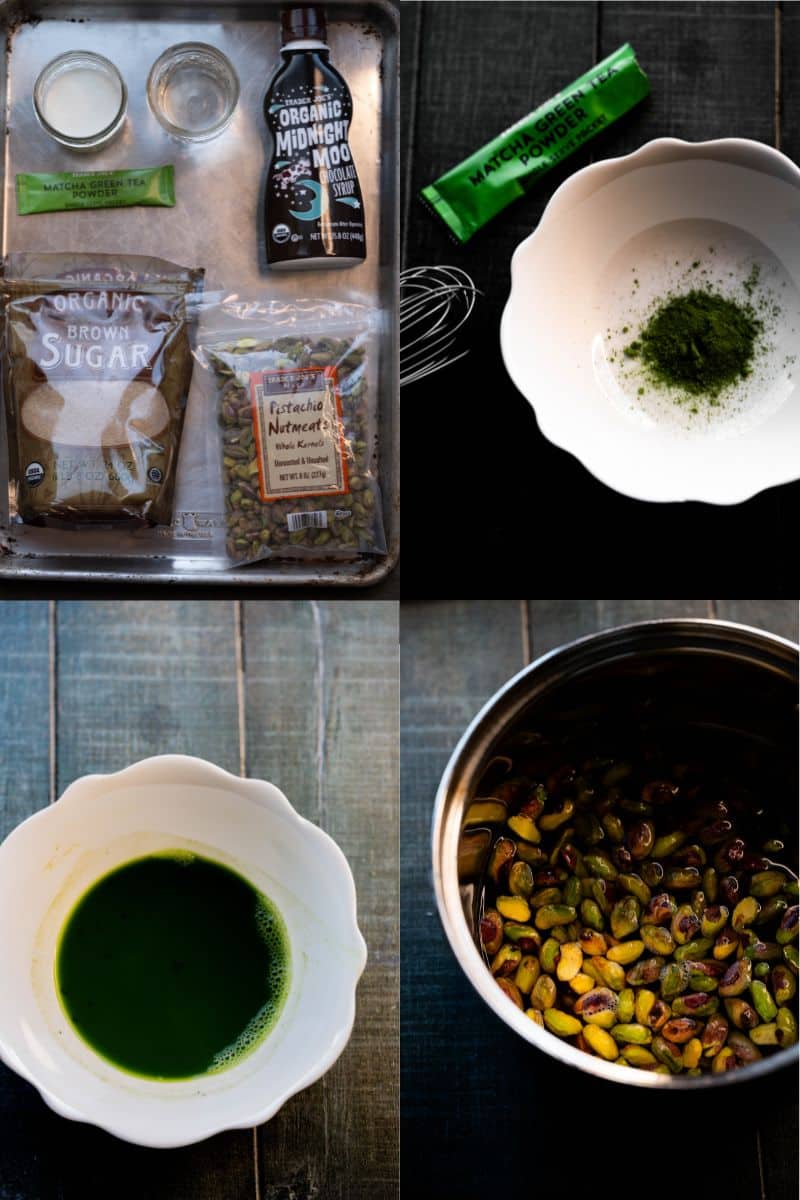 Process shots and ingredients shot for making a copycat starbucks Dubai Pistachio Iced Matcha Latte. 