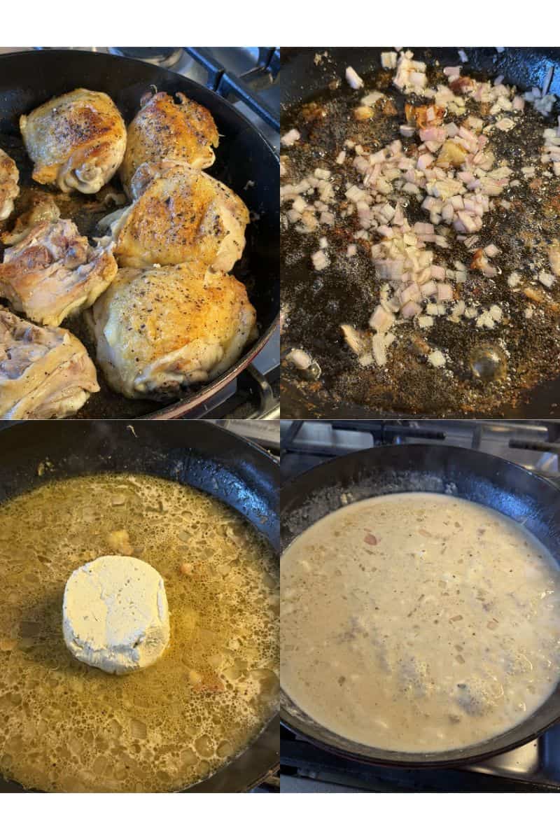 Collage of images showing the process of making Boursin Chicken Thighs. 