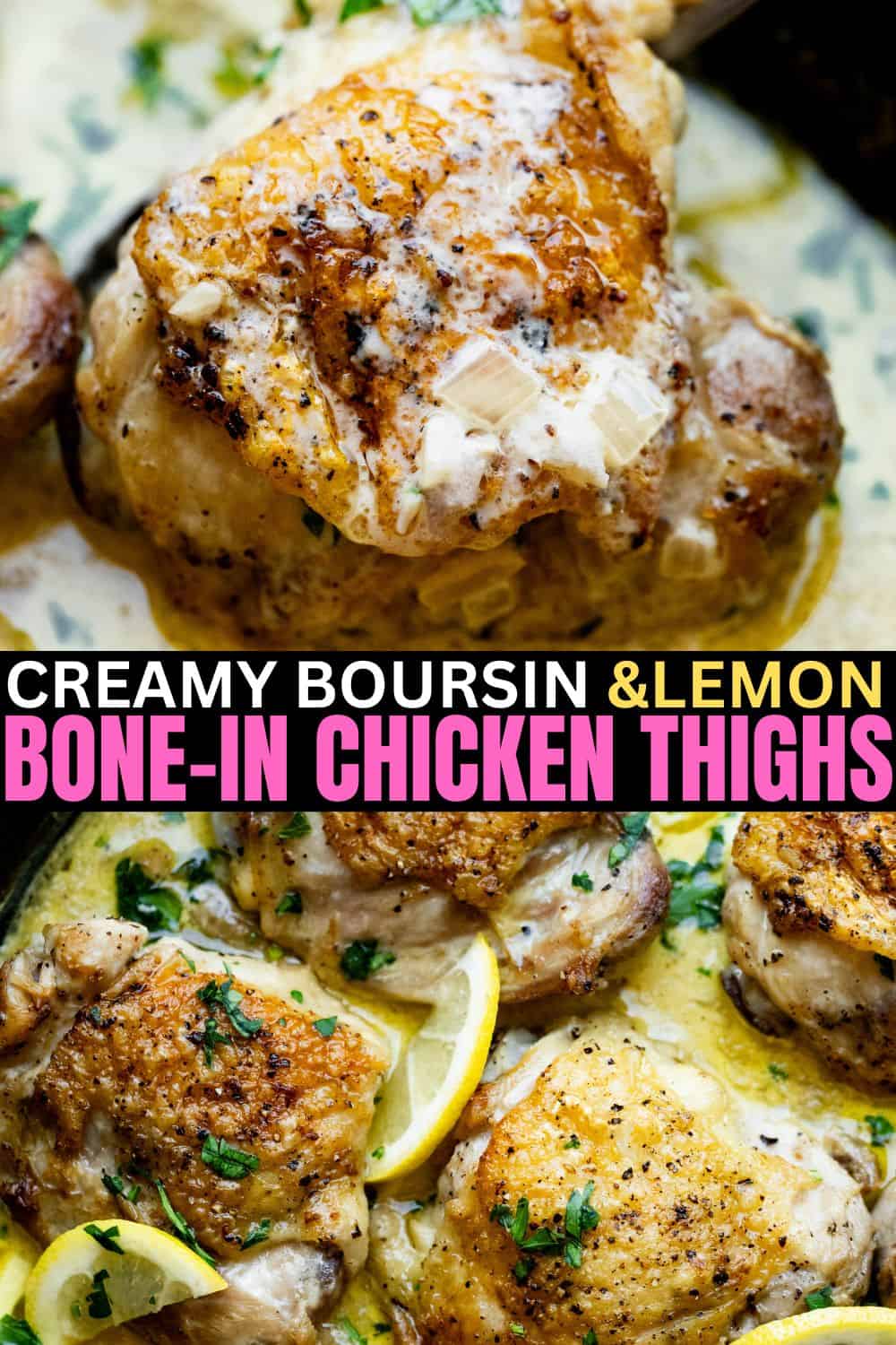 Image fitted for Pinterest with text overlay: Boursin Chicken Thighs. 