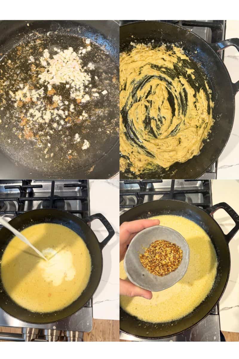 Process shots of creamy mustard chicken in the making (there are four photos in this collage of images).