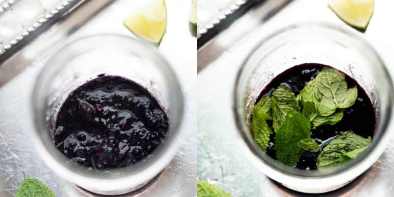 Side by side of crushed blackberries with mint leaves.