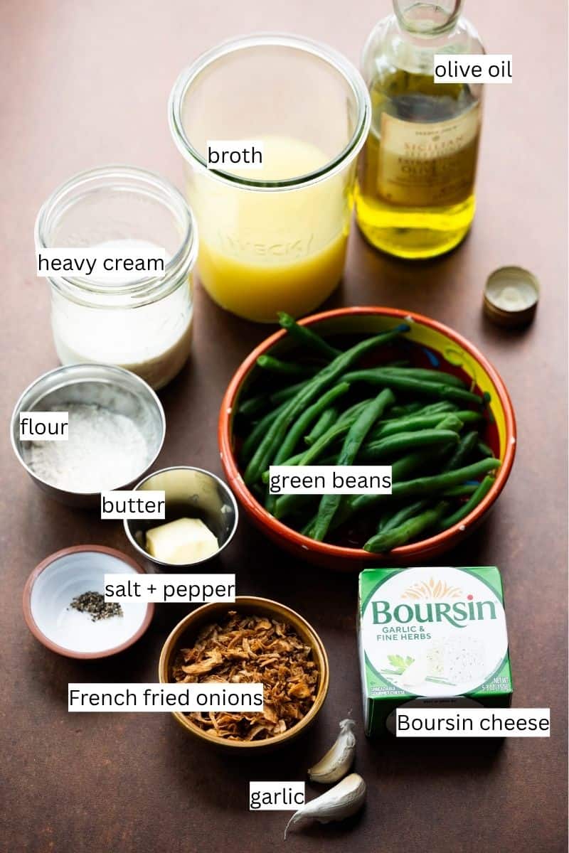 Ingredients with labels needed to make green bean casserole. 