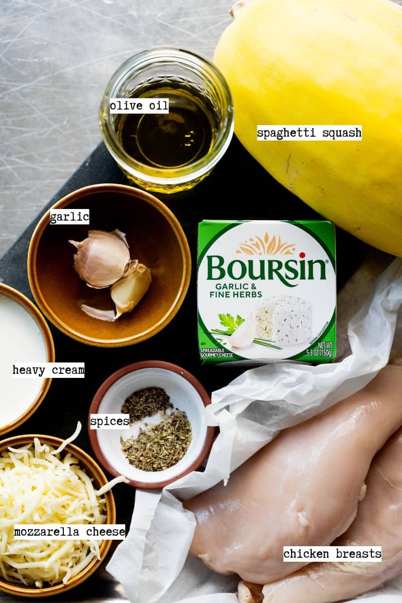 Ingredients with labels on a sheet pan. 