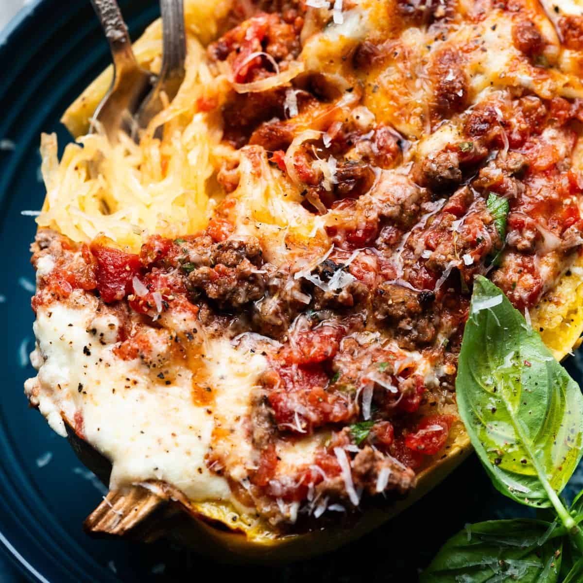 hero image of spaghetti squash lasagna with ground beef.