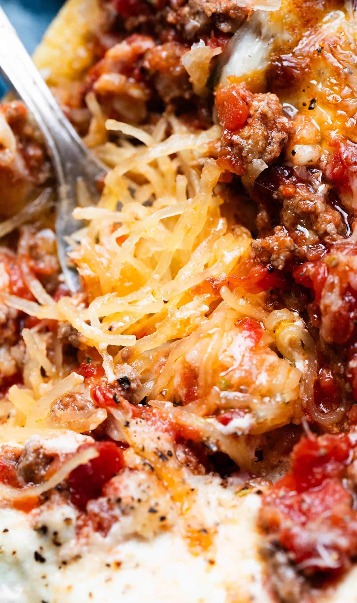 Close up image of lasagna spaghetti squash strands around a fork.