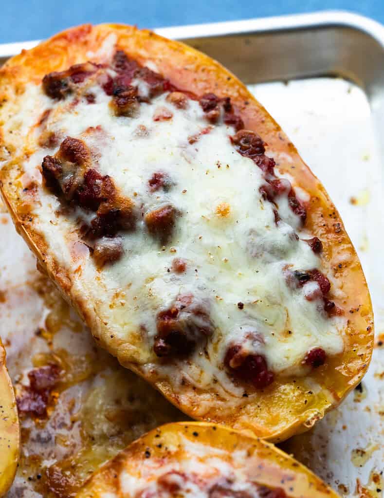 overhead of freshly baked spaghetti squash image.