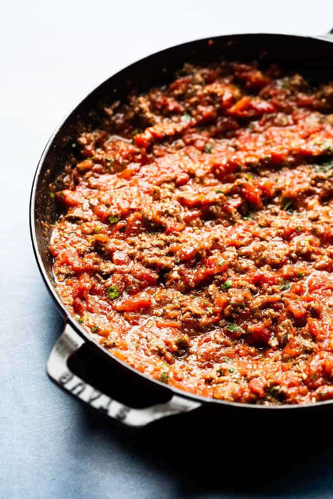 Ground beef mixed with marinara.